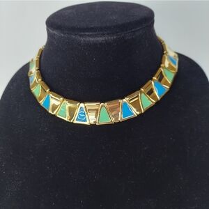 NWOT Geometric Choker Necklace  Goldtone Metal Blue and Green Triangle Design